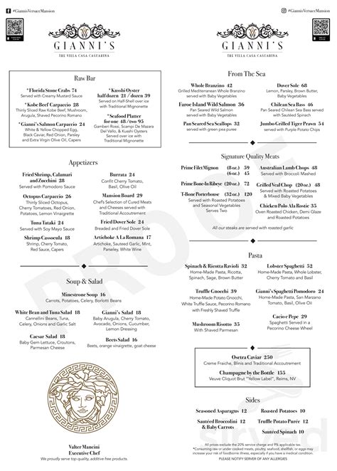 Menu for Gianni's At The Former Versace Mansion in Miami 